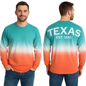 Spirit Shirt Teal White Long Sleeve Colorblock Crew Neck Texas‎ Retro Ombre M